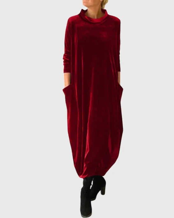 Women's velvet stand collar winter midi dress with side pockets
