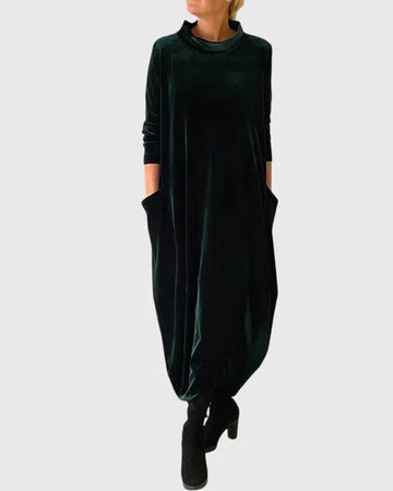 Women's velvet stand collar winter midi dress with side pockets