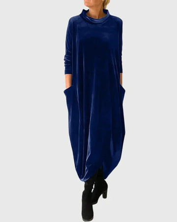 Women's velvet stand collar winter midi dress with side pockets