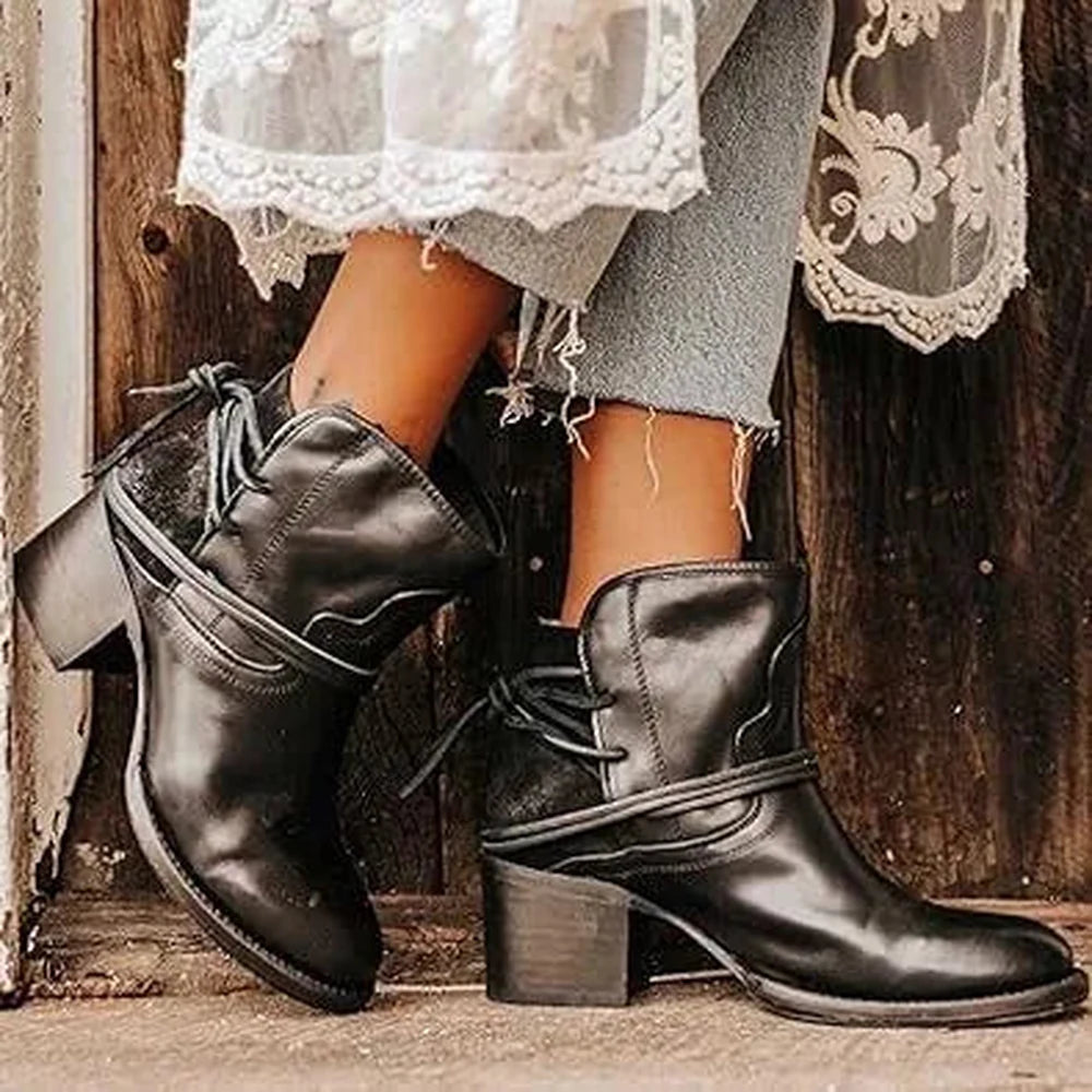 Women's Western Ankle Winter Boots Block Heel Lace-Up Booties
