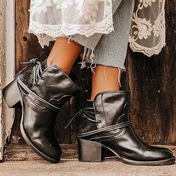 Women's Western Ankle Winter Boots Block Heel Lace-Up Booties