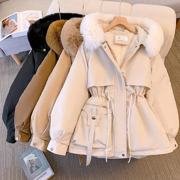 Women's zip-up faux fur hooded winter jacket with drawstring waist