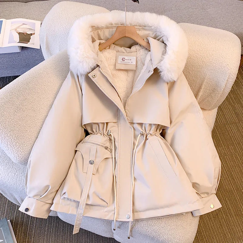 Women's zip-up faux fur hooded winter jacket with drawstring waist