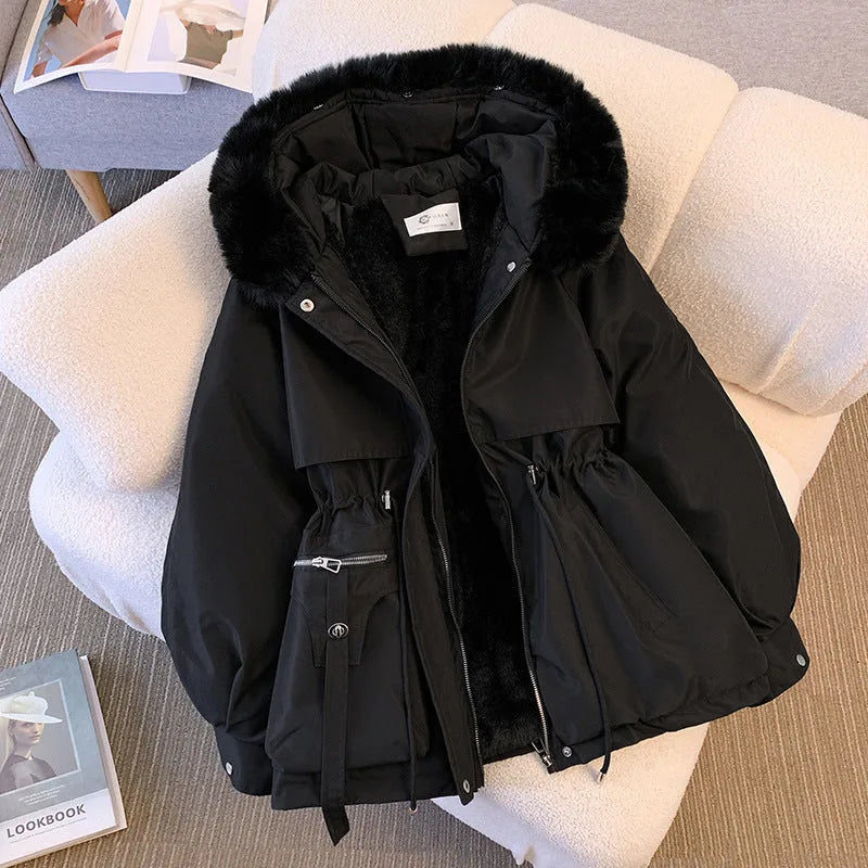Women's zip-up faux fur hooded winter jacket with drawstring waist