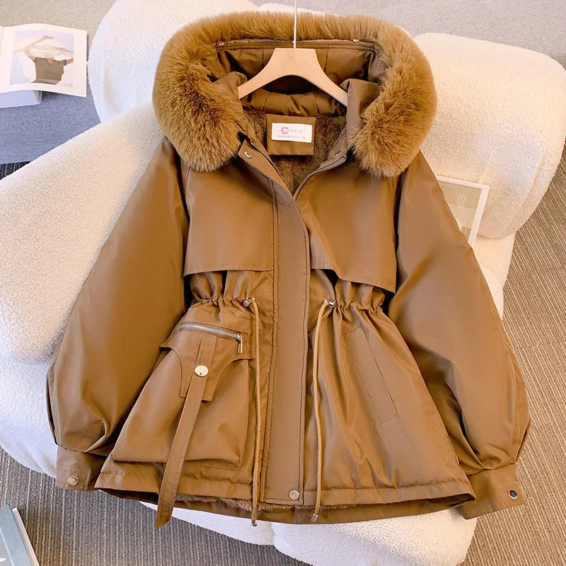 Women's zip-up faux fur hooded winter jacket with drawstring waist