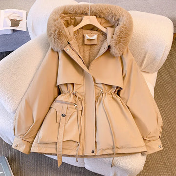 Women's zip-up faux fur hooded winter jacket with drawstring waist