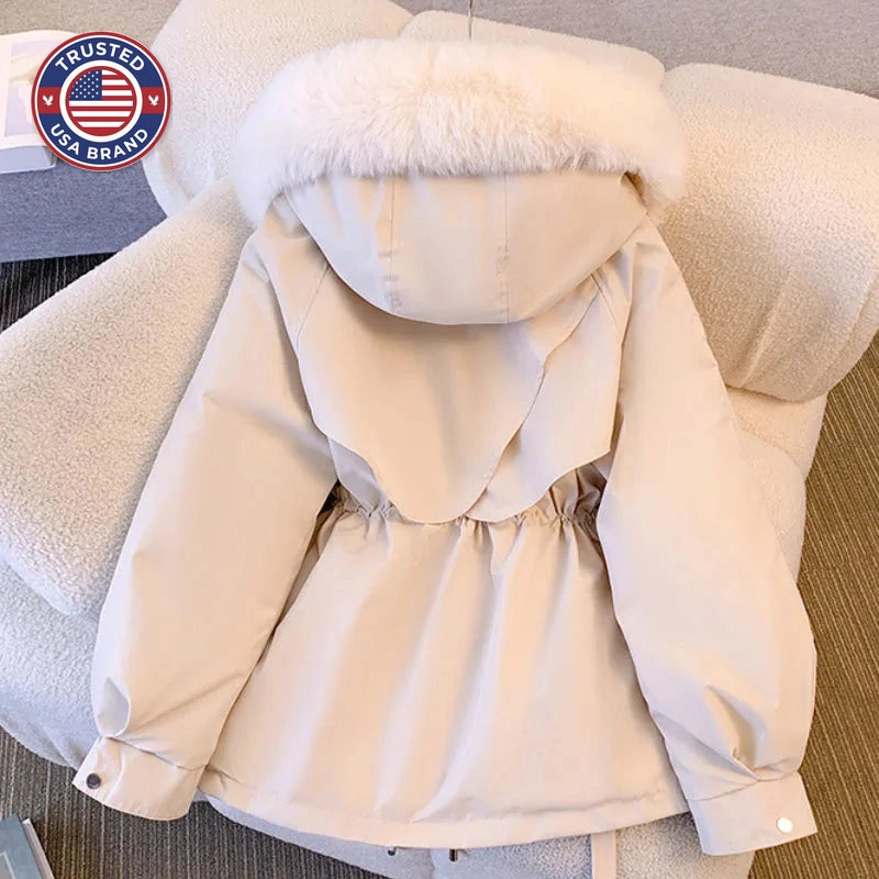Women's zip-up faux fur hooded winter jacket with drawstring waist