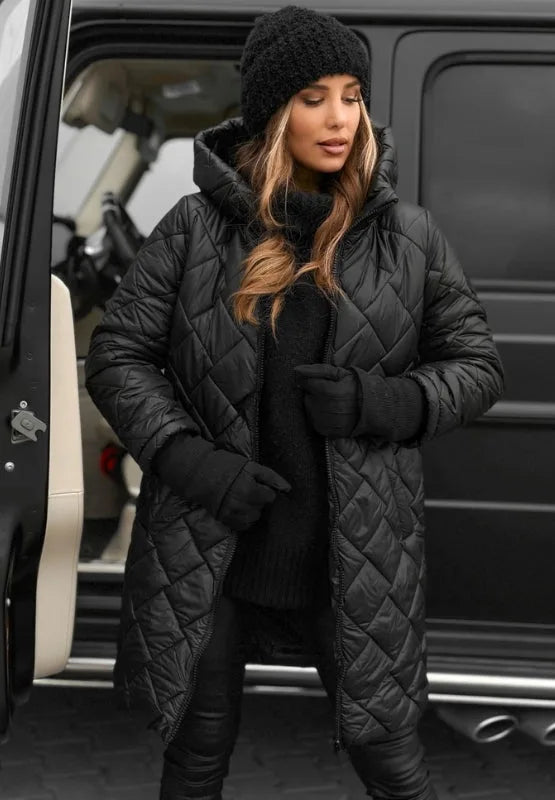 Women's zip-up hooded knee winter quilted coat