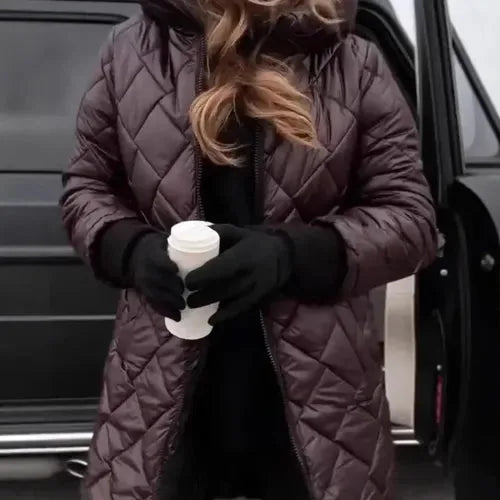Women's zip-up hooded knee winter quilted coat
