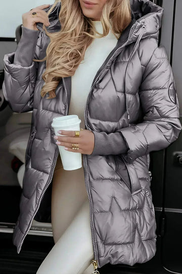 Women's zip-up hooded winter quilted coat with ribbed cuffs