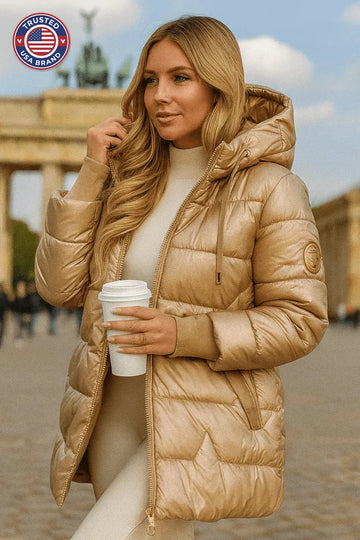 Women's zip-up hooded winter quilted coat with ribbed cuffs