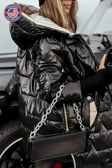 Women's zip-up hooded winter quilted coat with ribbed cuffs