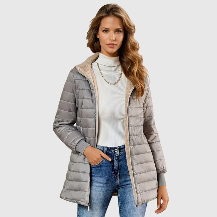 Women's zip-up hooded winter quilted coat with sherpa fleece lining