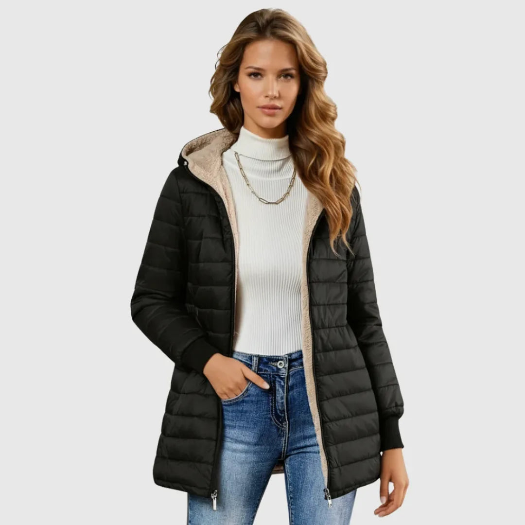 Women's zip-up hooded winter quilted coat with sherpa fleece lining