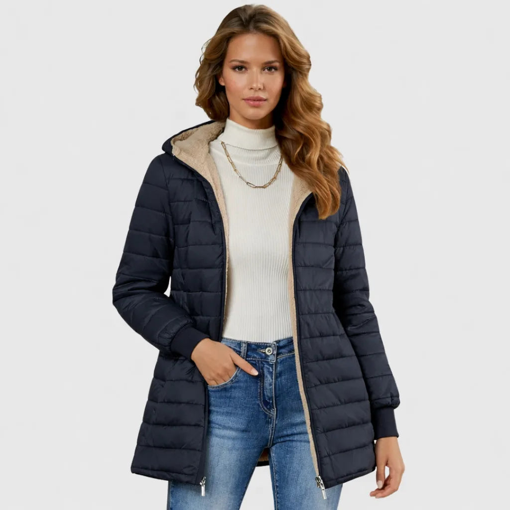 Women's zip-up hooded winter quilted coat with sherpa fleece lining