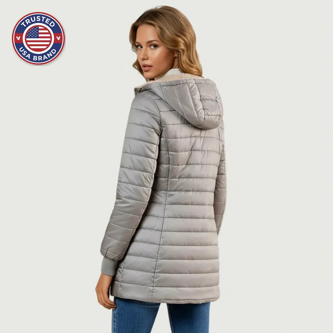 Women's zip-up hooded winter quilted coat with sherpa fleece lining