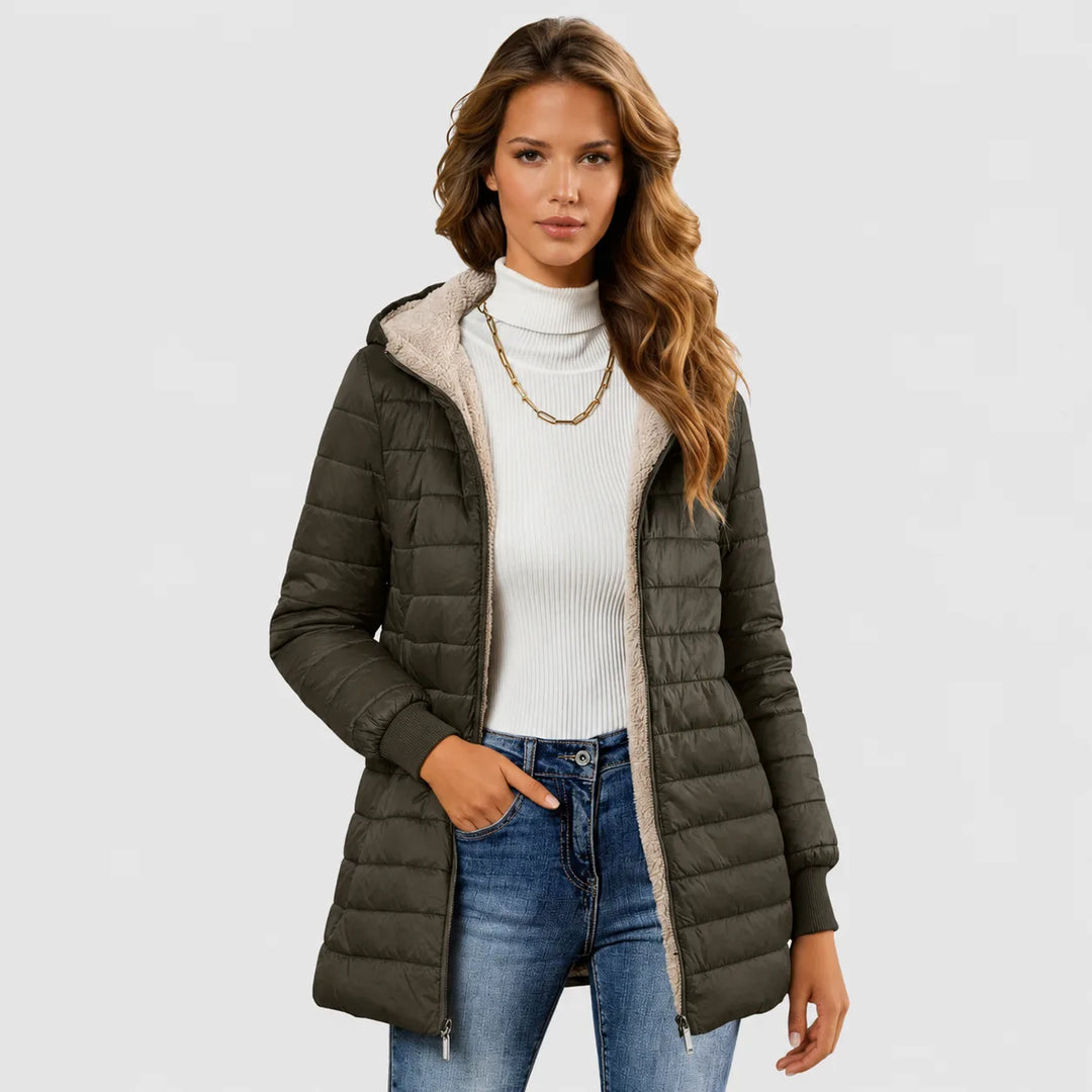 Women's zip-up hooded winter quilted coat with sherpa fleece lining