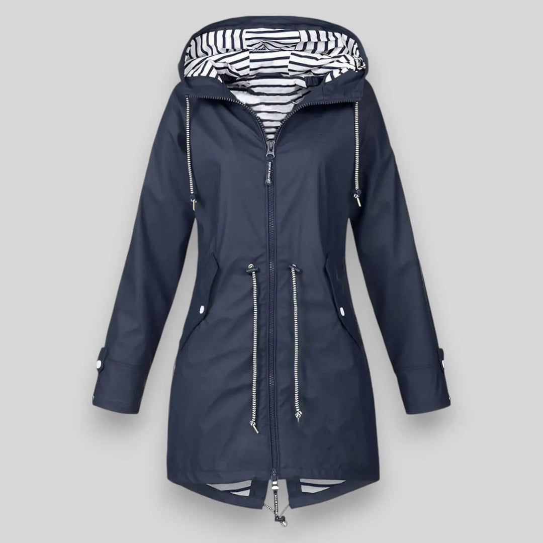 Women's zip-up hooded waterproof winter parka with striped lining