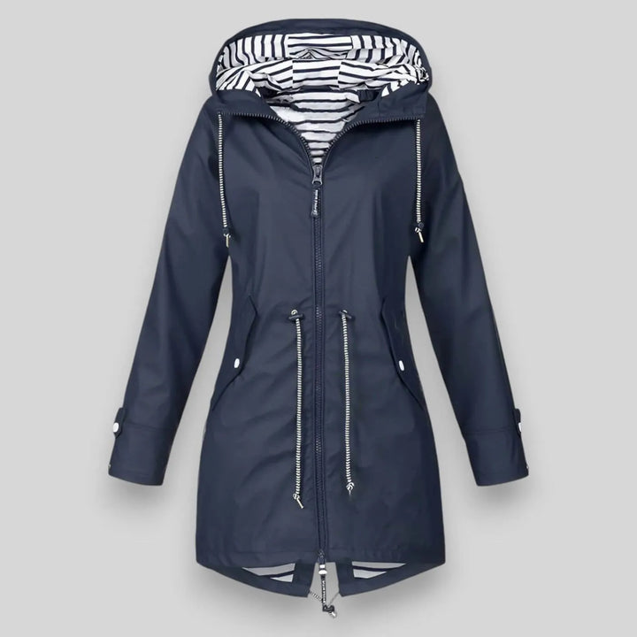 Women's zip-up hooded waterproof winter parka with striped lining