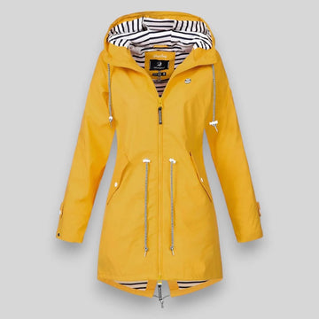 Women's zip-up hooded waterproof winter parka with striped lining