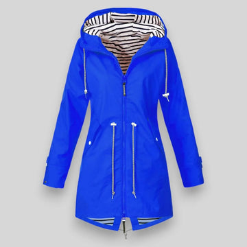 Women's zip-up hooded waterproof winter parka with striped lining