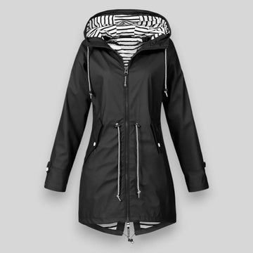 Women's zip-up hooded waterproof winter parka with striped lining