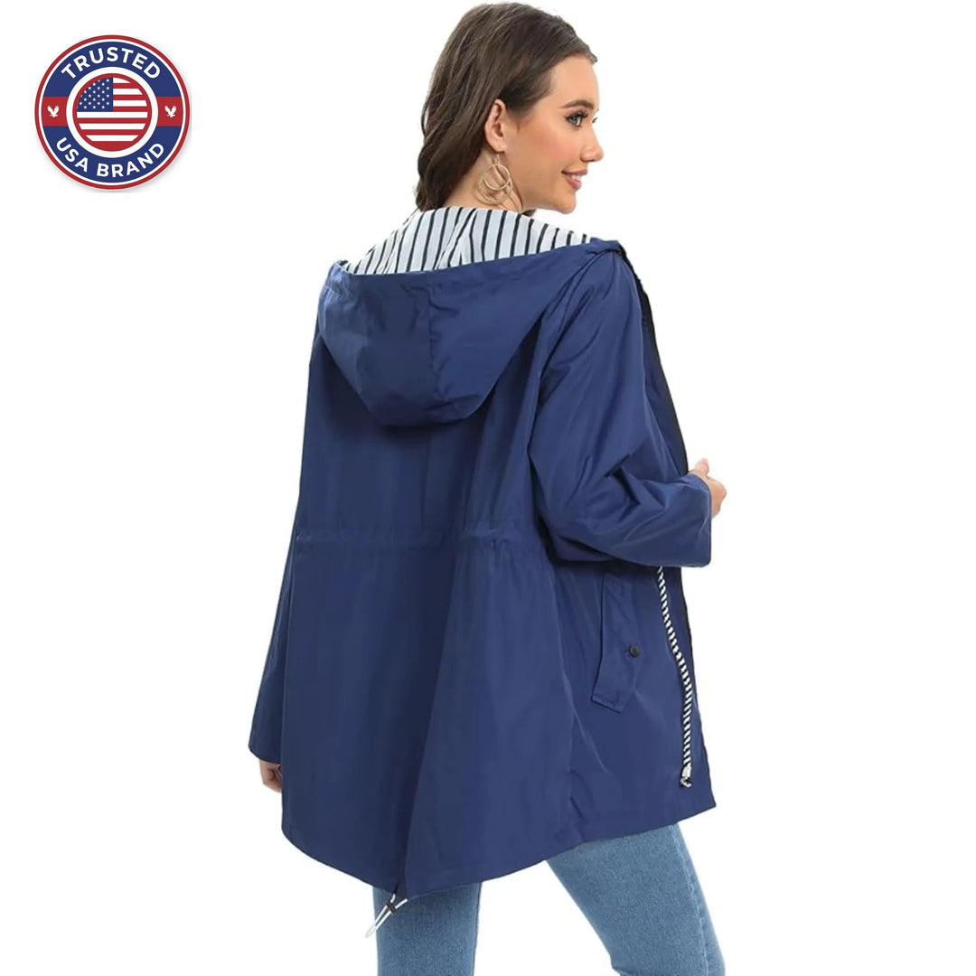 Women's zip-up hooded waterproof winter parka with striped lining