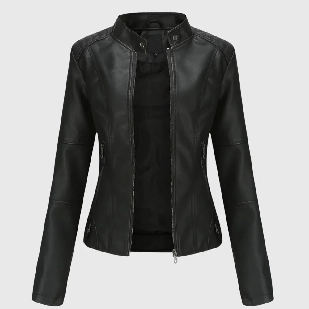 Women's zip-up stand collar winter leather jacket with zipper pockets - Black