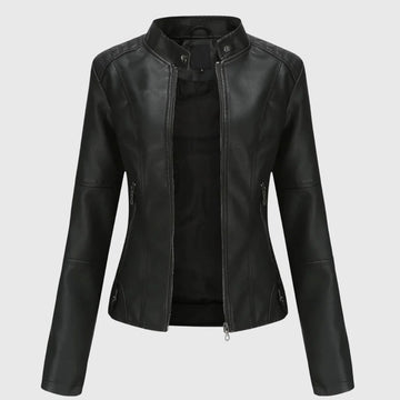 Women's zip-up stand collar winter leather jacket with zipper pockets - Black