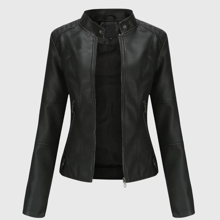 Women's zip-up stand collar winter leather jacket with zipper pockets - Black