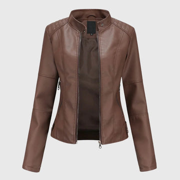 Women's zip-up stand collar winter leather jacket with zipper pockets - Black