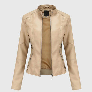 Women's zip-up stand collar winter leather jacket with zipper pockets - Black