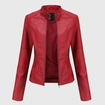Women's zip-up stand collar winter leather jacket with zipper pockets - Black