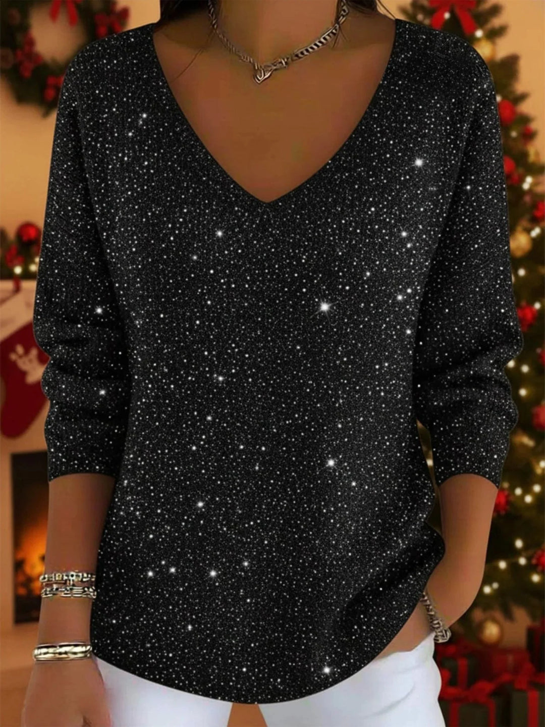 Festive glitter V-neck winter sweater with long sleeves for women in Black
