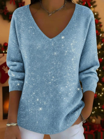Festive glitter V-neck winter sweater with long sleeves for women in Blue