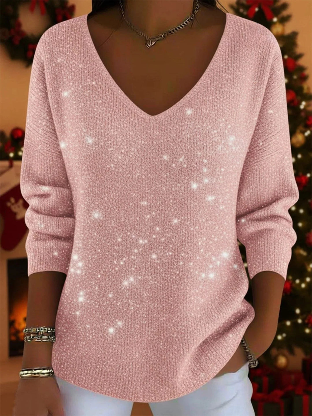 Festive glitter V-neck winter sweater with long sleeves for women in Pink