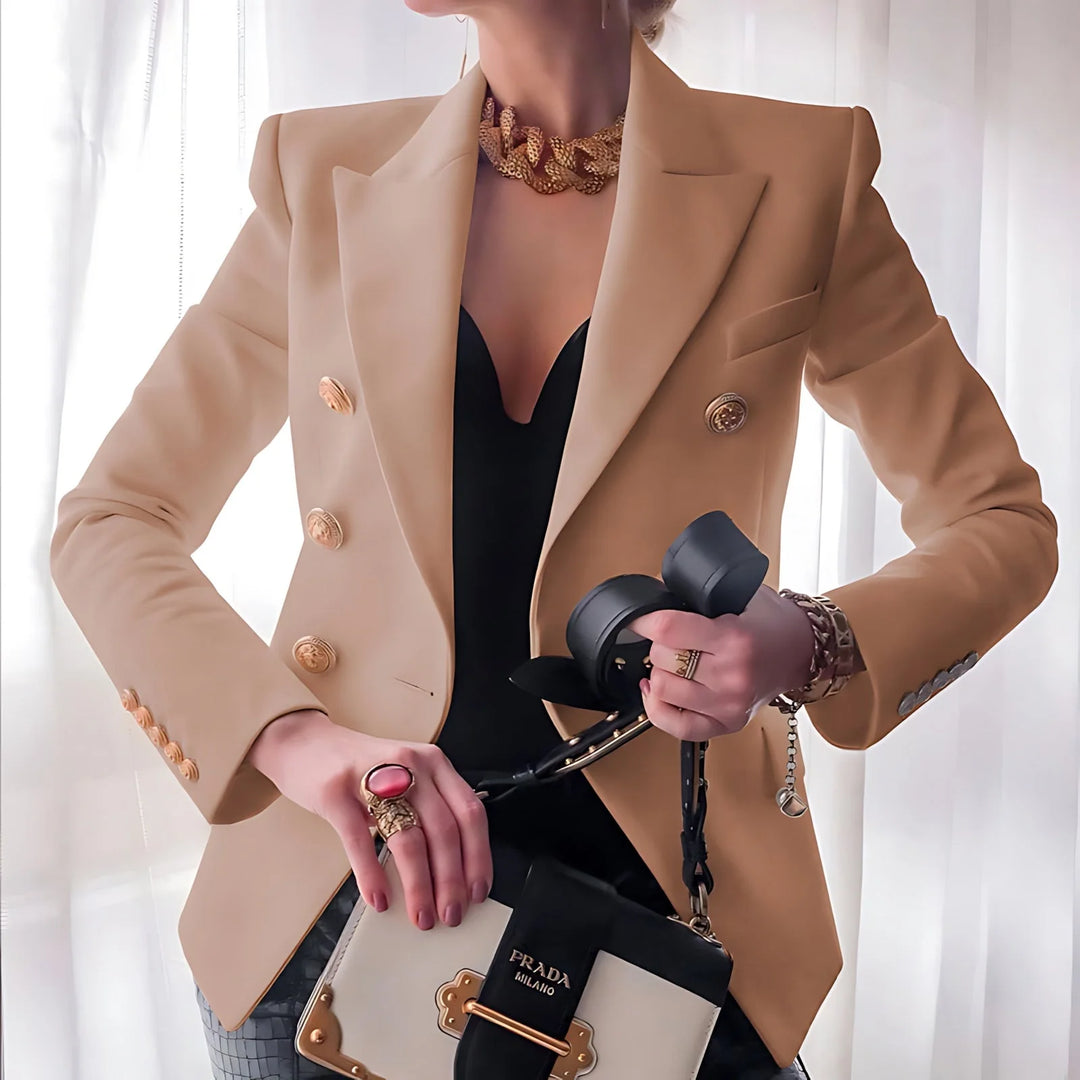 Fitted winter double breasted blazer with gold buttons in Beige