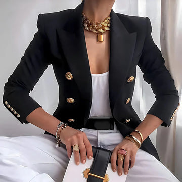 Fitted winter double breasted blazer with gold buttons in Black