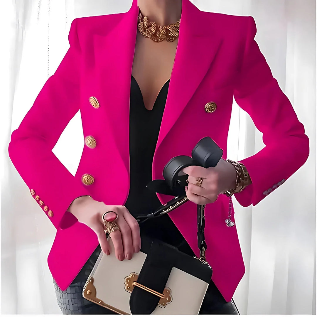 Fitted winter double breasted blazer with gold buttons in Pink