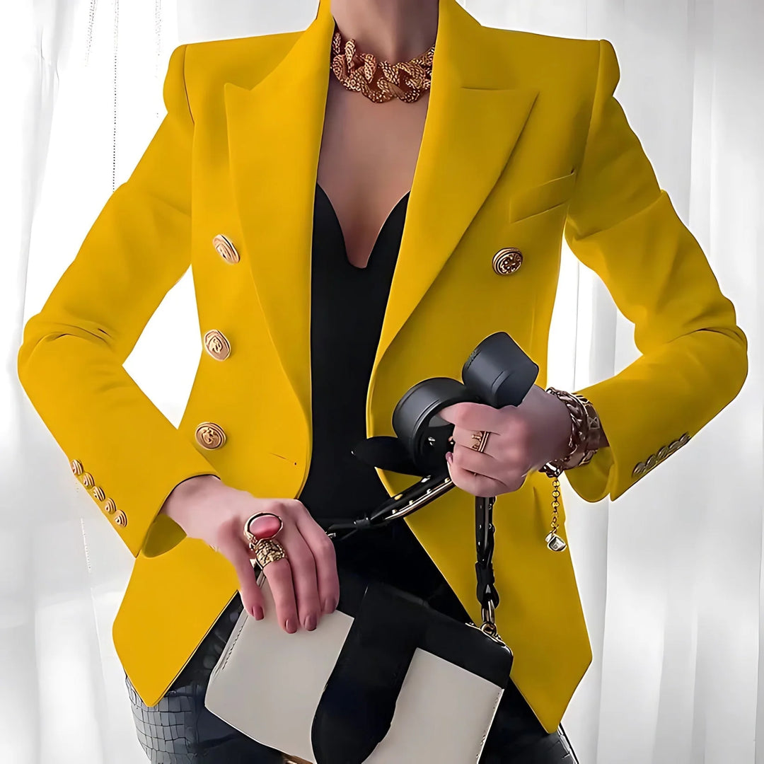 Fitted winter double breasted blazer with gold buttons in Yellow