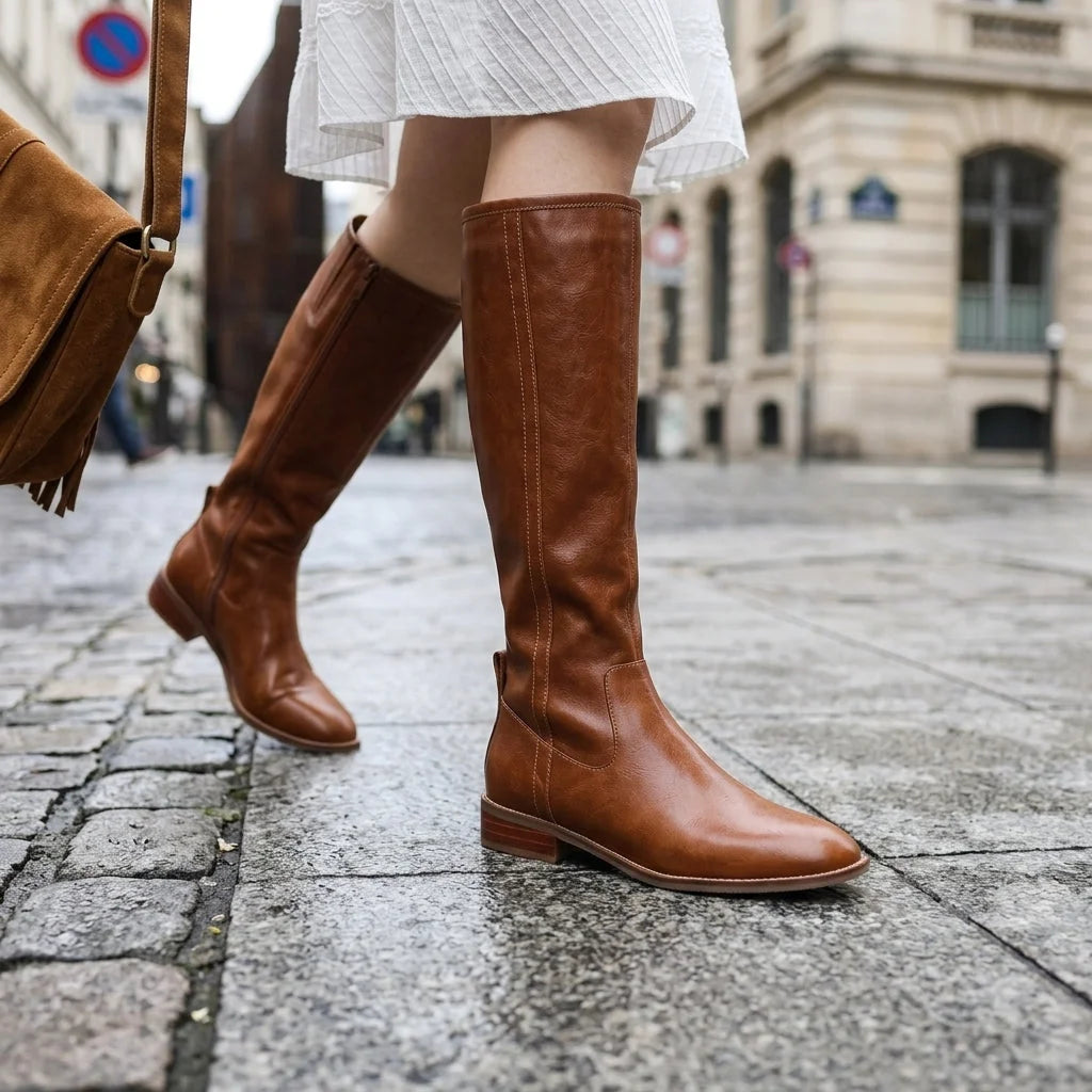 Women's knee high winter boots, riding style with low block heel in Brown