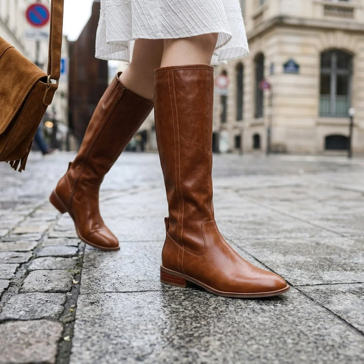 Women's knee high winter boots, riding style with low block heel in Brown