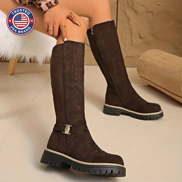 Women's knee high winter boots suede flat lug sole with buckle