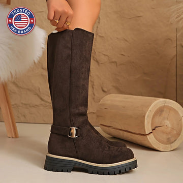 Women's knee high winter boots suede flat lug sole with buckle