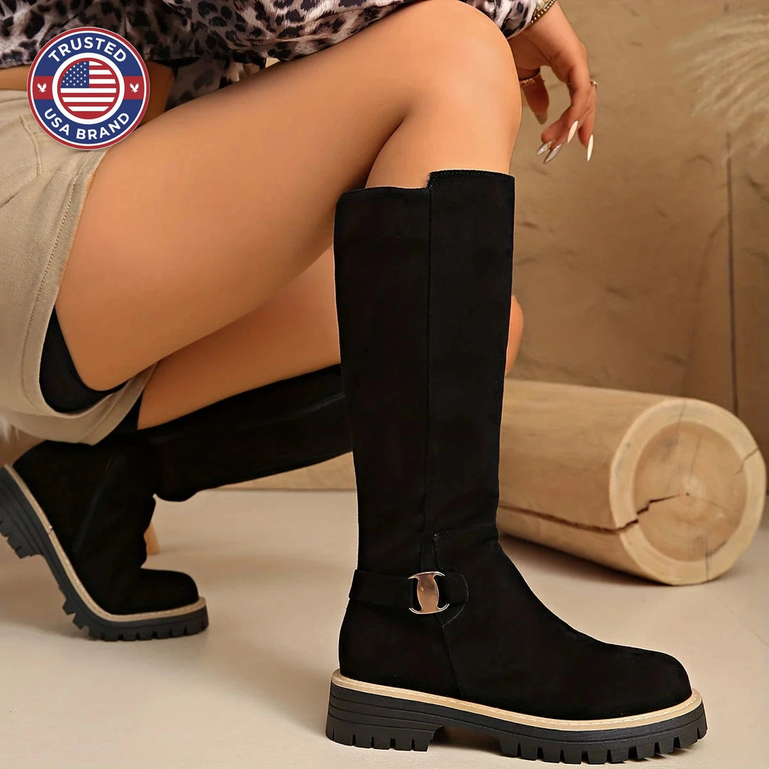 Women's knee high winter boots suede flat lug sole with buckle