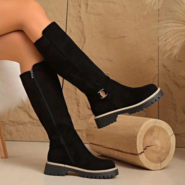 Women's knee high winter boots suede flat lug sole with buckle in Black