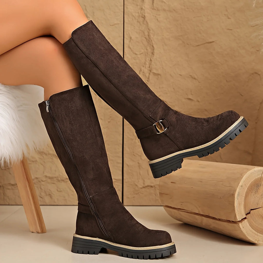 Women's knee high winter boots suede flat lug sole with buckle in Coffee