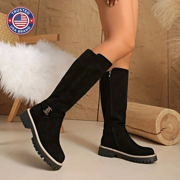 Women's knee high winter boots suede flat lug sole with buckle