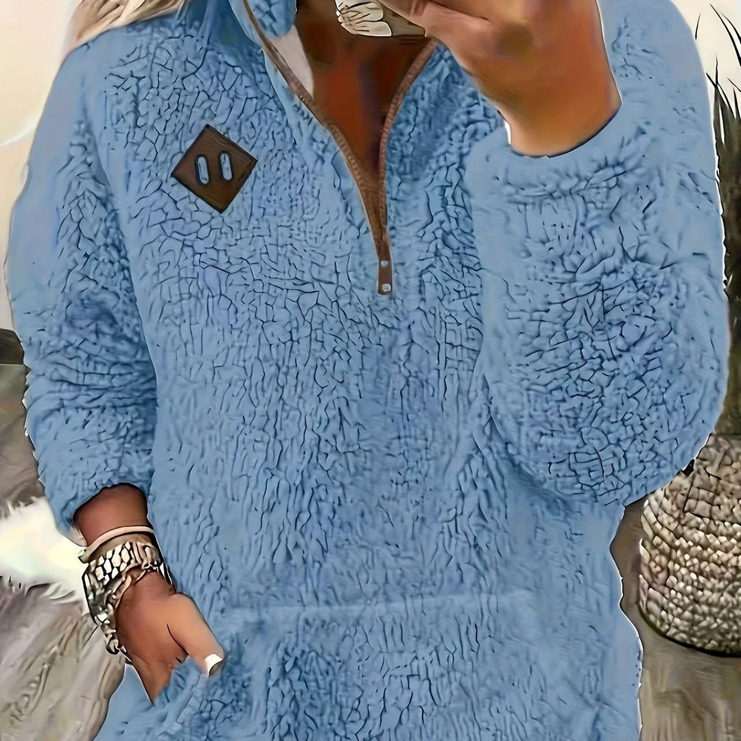 Women's winter fleece quarter zip sweater with half-zip closure in Blue