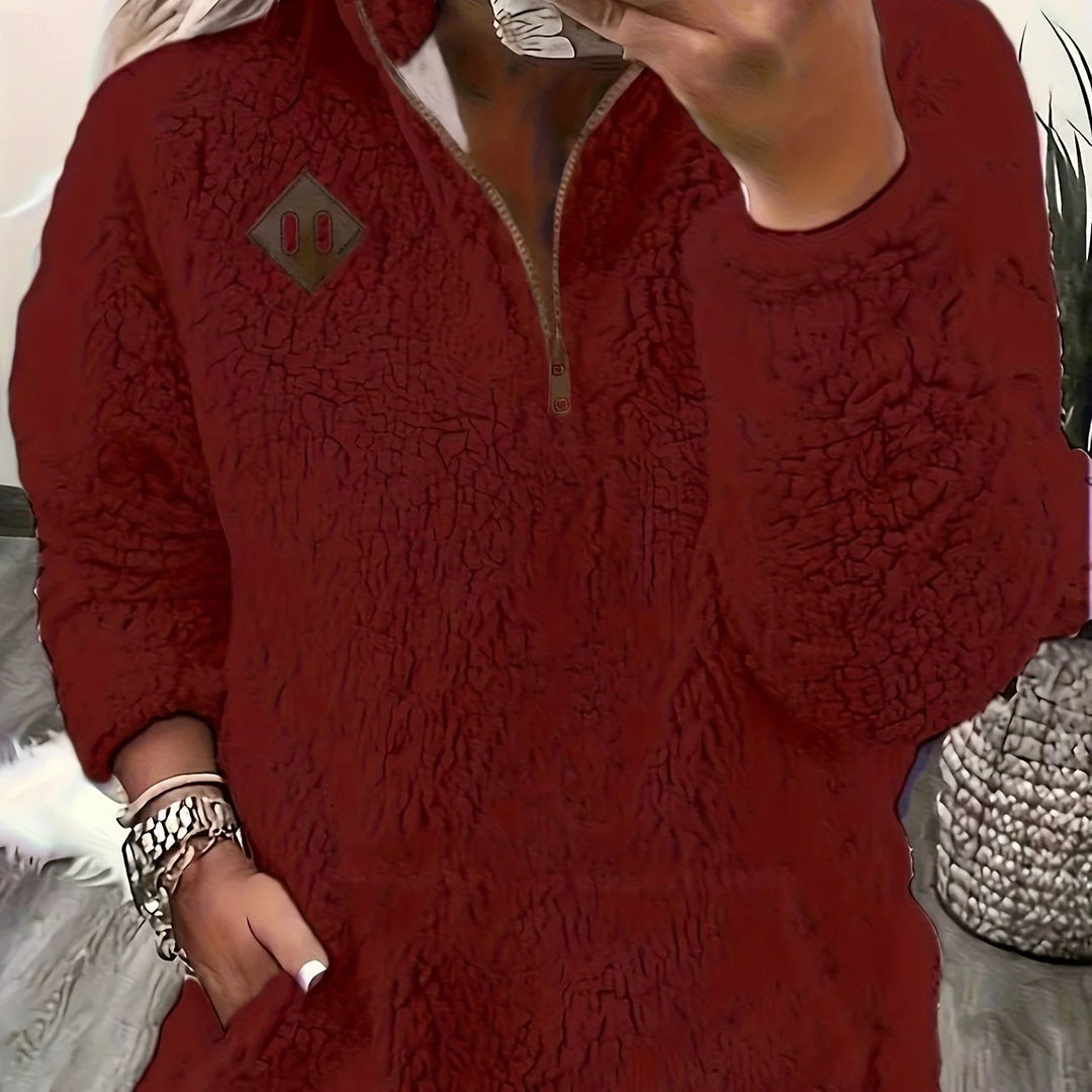 Women's winter fleece quarter zip sweater with half-zip closure in Burgundy